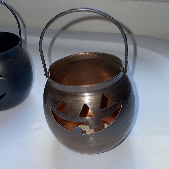Two small metal Halloween Jack O Lantern votive candle holder - Picture 2 of 6